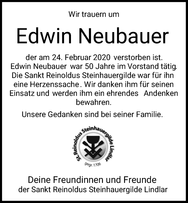  Traueranzeige für Edwin Neubauer vom 14.03.2020 aus Zeitungsgruppe Köln