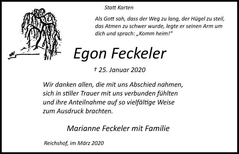  Traueranzeige für Egon Feckeler vom 11.03.2020 aus  Anzeigen Echo 