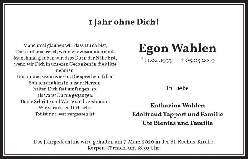  Traueranzeige für Egon Wahlen vom 04.03.2020 aus  Werbepost 