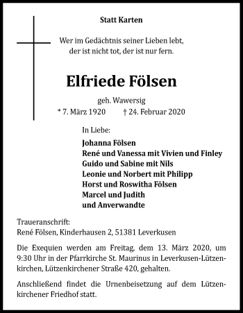 Anzeige von Elfriede Fölsen von Kölner Stadt-Anzeiger / Kölnische Rundschau / Express