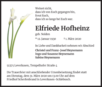 Anzeige von Elfriede Hofheinz von Zeitungsgruppe Köln