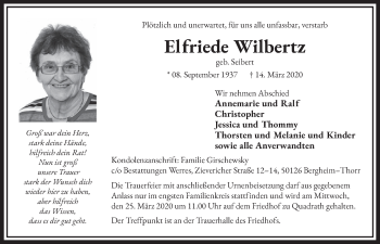 Anzeige von Elfriede Wilbertz von  Sonntags-Post 