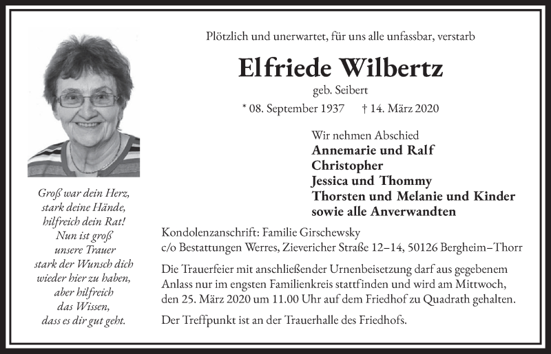  Traueranzeige für Elfriede Wilbertz vom 21.03.2020 aus  Sonntags-Post 