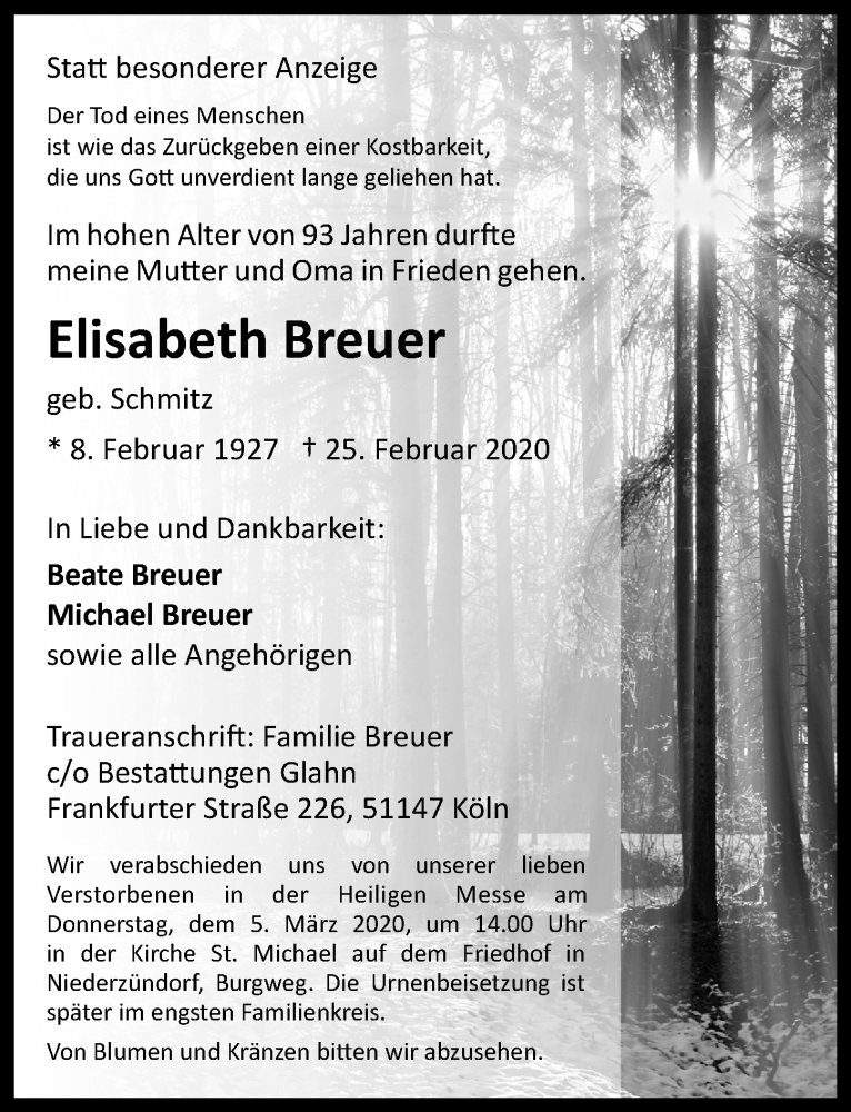  Traueranzeige für Elisabeth  Breuer vom 04.03.2020 aus  Kölner Wochenspiegel 