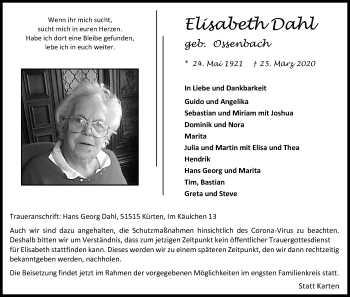 Anzeige von Elisabeth Dahl von Kölner Stadt-Anzeiger / Kölnische Rundschau / Express