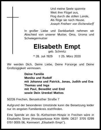 Anzeige von Elisabeth Empt von Kölner Stadt-Anzeiger / Kölnische Rundschau / Express