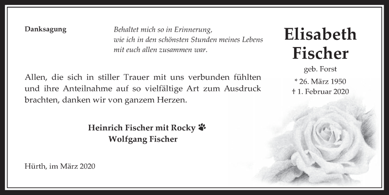  Traueranzeige für Elisabeth Fischer vom 04.03.2020 aus  Wochenende 