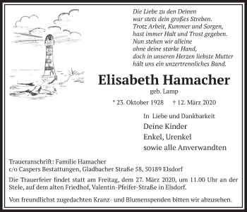 Anzeige von Elisabeth Hamacher von  Sonntags-Post 