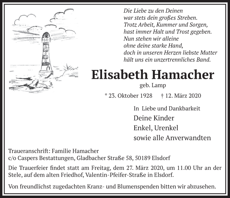  Traueranzeige für Elisabeth Hamacher vom 21.03.2020 aus  Sonntags-Post 