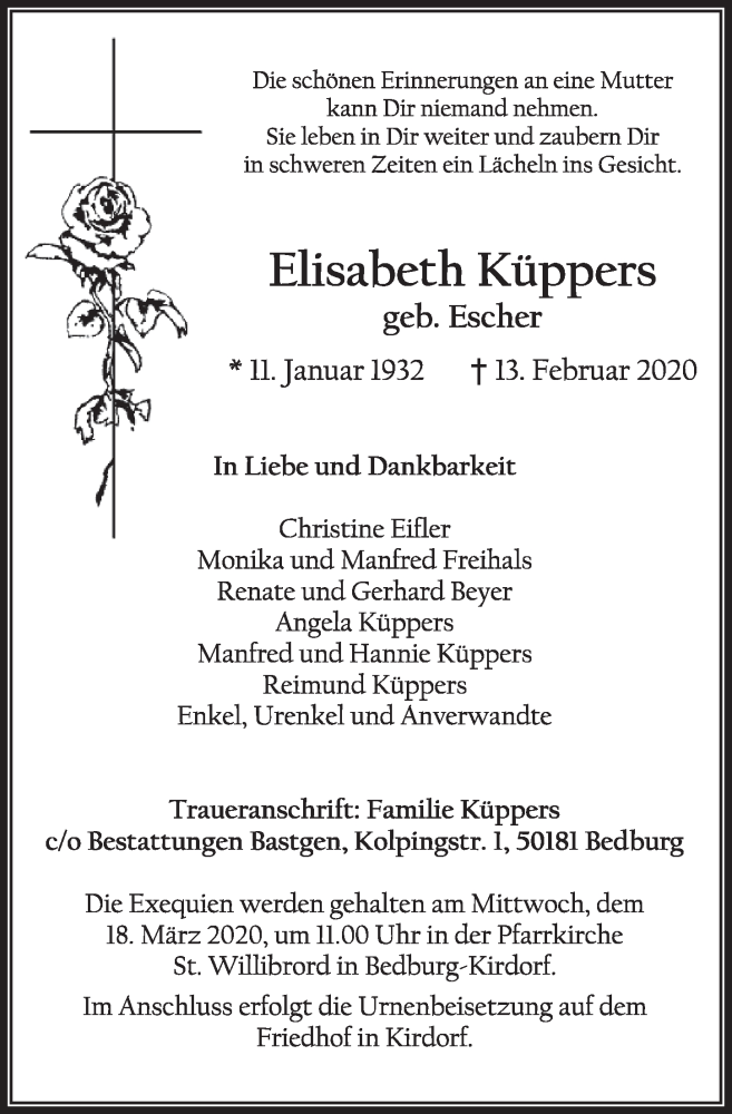  Traueranzeige für Elisabeth Küppers vom 14.03.2020 aus  Sonntags-Post 