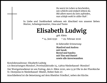 Anzeige von Elisabeth Ludwig von Kölner Stadt-Anzeiger / Kölnische Rundschau / Express