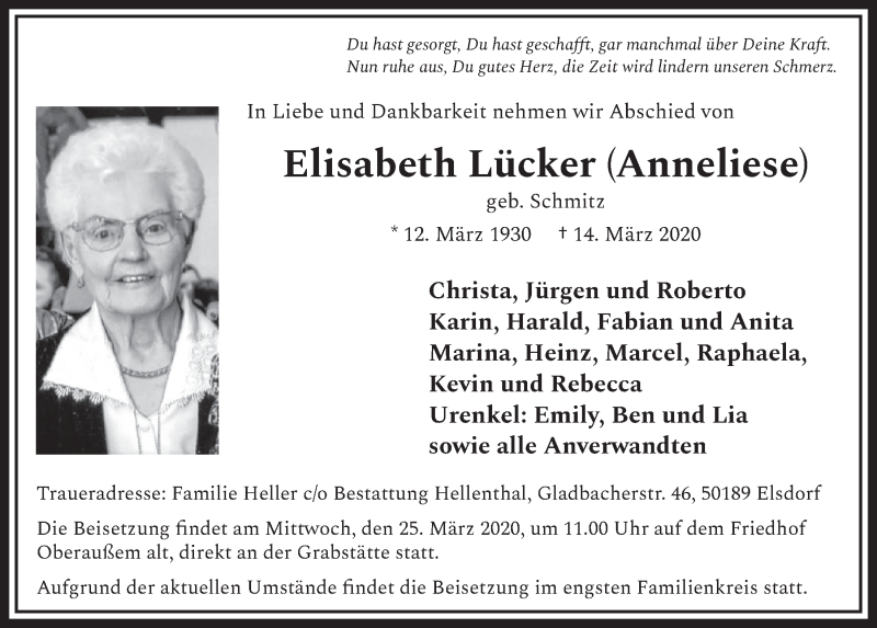  Traueranzeige für Elisabeth Lücker vom 21.03.2020 aus  Sonntags-Post 