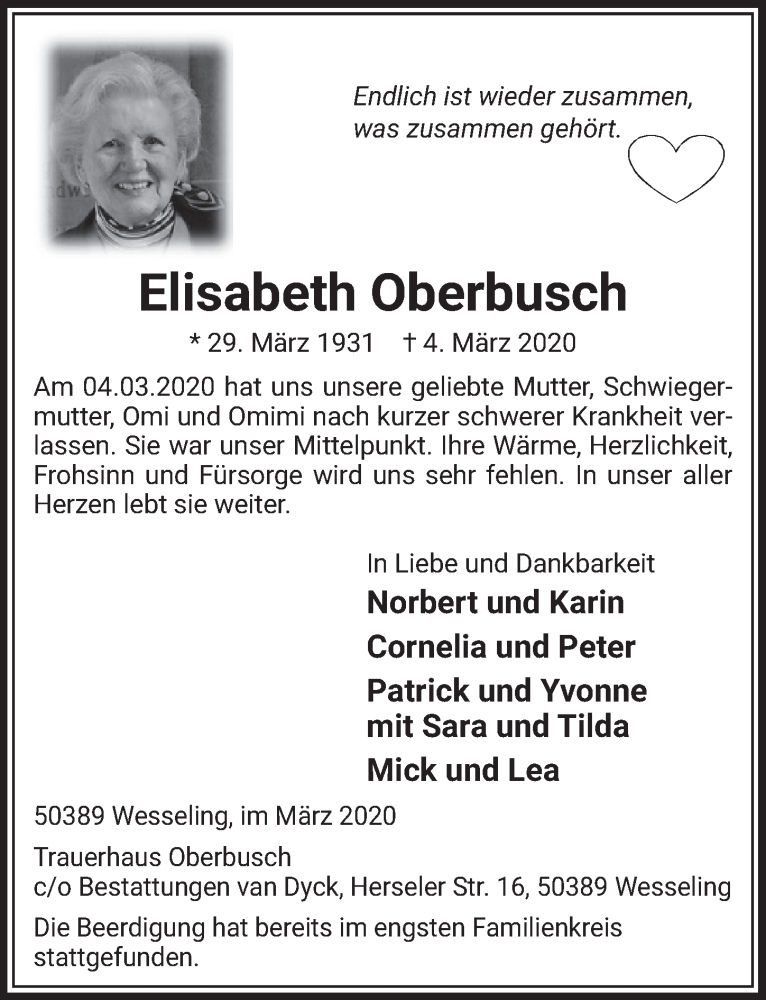  Traueranzeige für Elisabeth Oberbusch vom 18.03.2020 aus  Schlossbote/Werbekurier 
