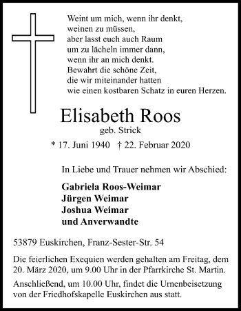 Anzeige von Elisabeth Roos von Zeitungsgruppe Köln