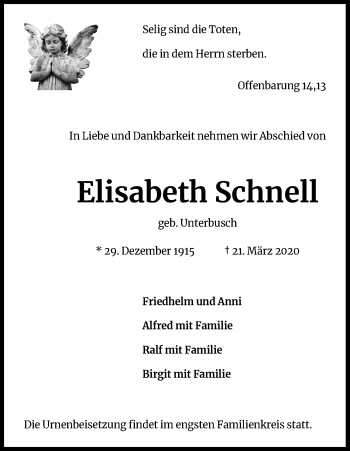 Anzeige von Elisabeth Schnell von Kölner Stadt-Anzeiger / Kölnische Rundschau / Express