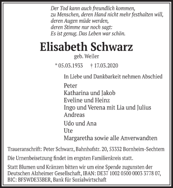Anzeige von Elisabeth Schwarz von  Schlossbote/Werbekurier 