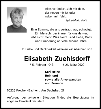 Anzeige von Elisabeth Zuehlsdorff von Kölner Stadt-Anzeiger / Kölnische Rundschau / Express