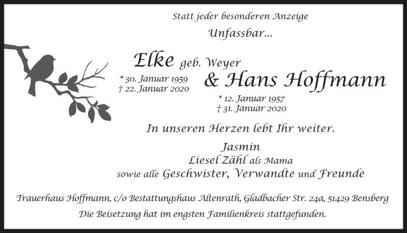  Traueranzeige für Elke Hoffmann vom 04.03.2020 aus  Bergisches Handelsblatt 