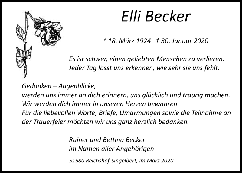  Traueranzeige für Elli Becker vom 18.03.2020 aus  Anzeigen Echo 