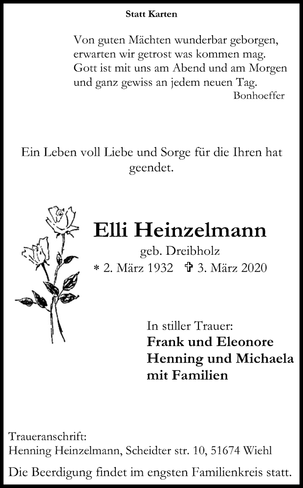  Traueranzeige für Elli Heinzelmann vom 07.03.2020 aus Kölner Stadt-Anzeiger / Kölnische Rundschau / Express