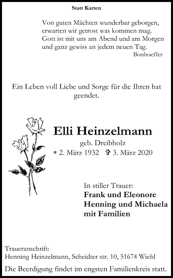 Anzeige von Elli Heinzelmann von Kölner Stadt-Anzeiger / Kölnische Rundschau / Express