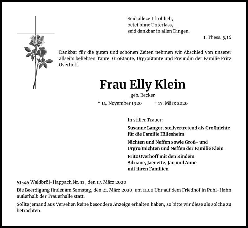  Traueranzeige für Elly Klein vom 19.03.2020 aus Zeitungsgruppe Köln