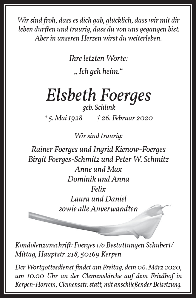  Traueranzeige für Elsbeth Foerges vom 04.03.2020 aus  Werbepost 