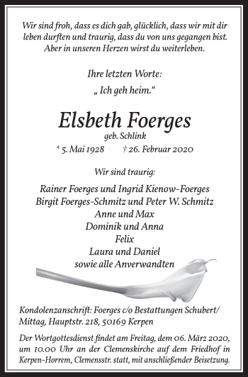 Anzeige von Elsbeth Foerges von  Werbepost 