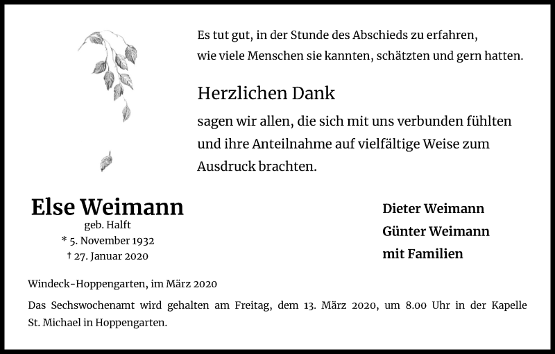  Traueranzeige für Else Weimann vom 07.03.2020 aus Kölner Stadt-Anzeiger / Kölnische Rundschau / Express
