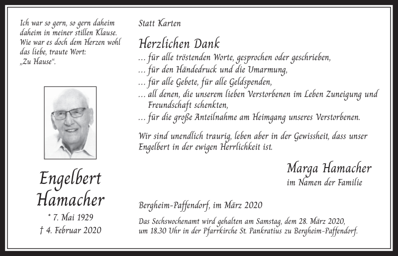  Traueranzeige für Engelbert Hamacher vom 18.03.2020 aus  Werbepost 
