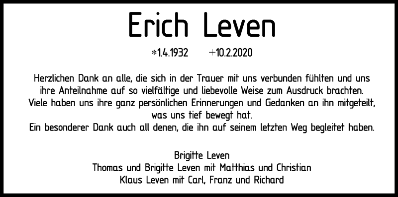  Traueranzeige für Erich Leven vom 21.03.2020 aus Kölner Stadt-Anzeiger / Kölnische Rundschau / Express