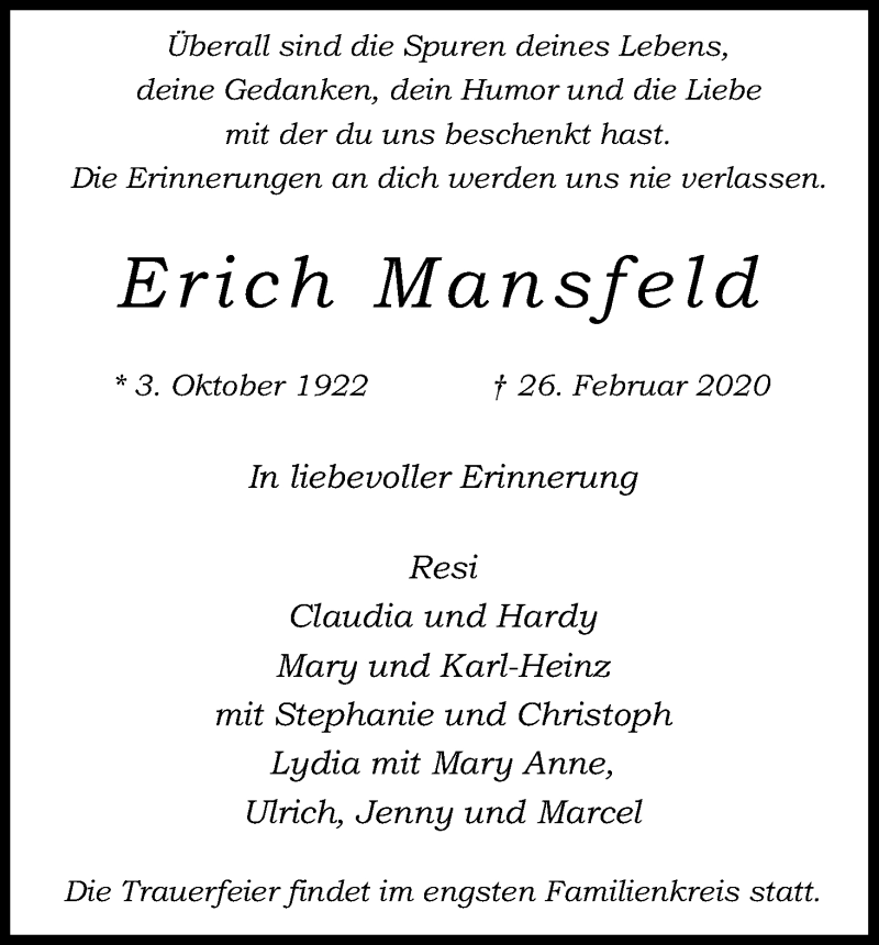 Traueranzeige für Erich Mansfeld vom 07.03.2020 aus Kölner Stadt-Anzeiger / Kölnische Rundschau / Express