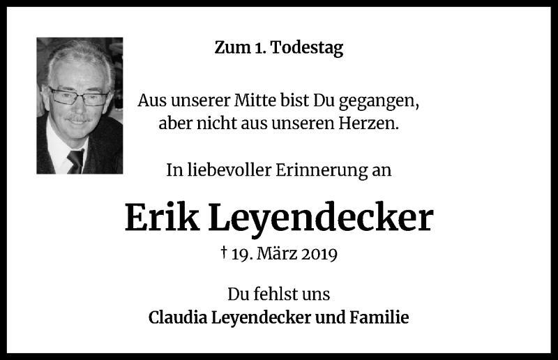  Traueranzeige für Erik Leyendecker vom 19.03.2020 aus Zeitungsgruppe Köln
