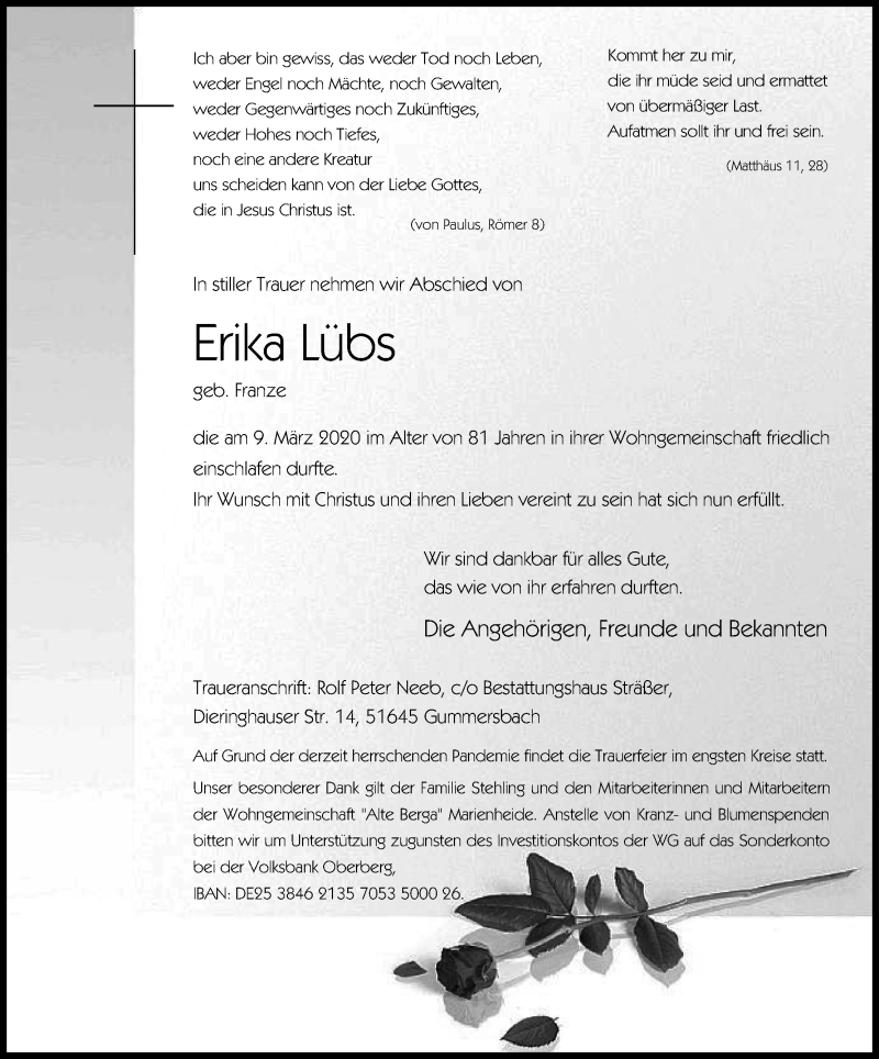  Traueranzeige für Erika Lübs vom 24.03.2020 aus Kölner Stadt-Anzeiger / Kölnische Rundschau / Express