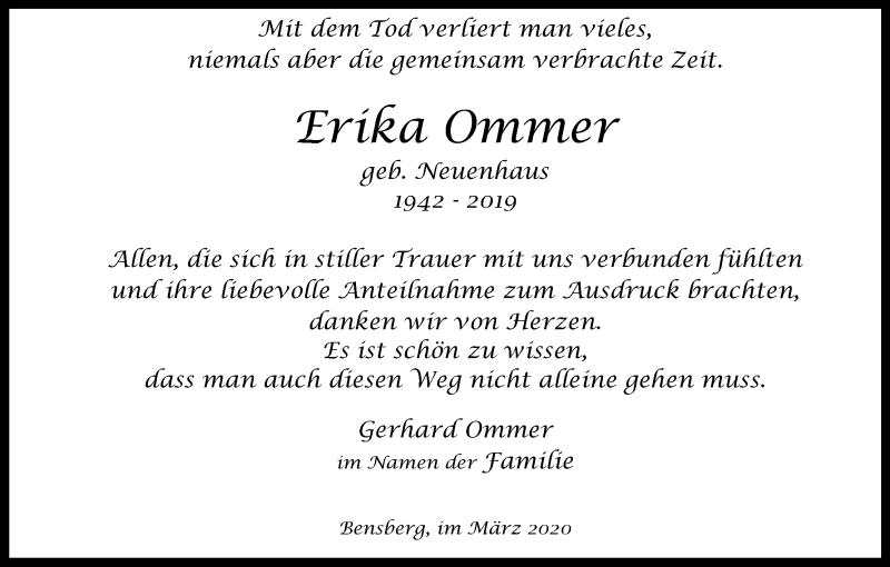  Traueranzeige für Erika Ommer vom 07.03.2020 aus Kölner Stadt-Anzeiger / Kölnische Rundschau / Express