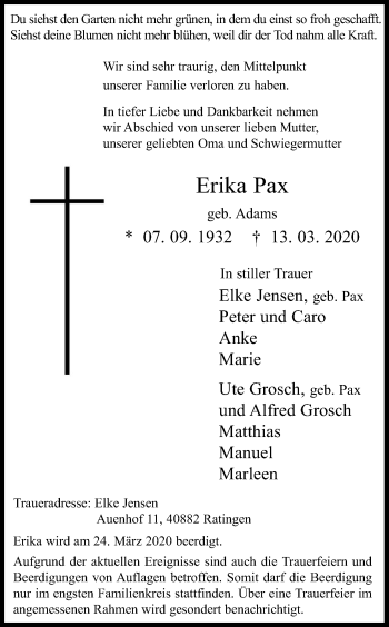 Anzeige von Erika Pax von Kölner Stadt-Anzeiger / Kölnische Rundschau / Express