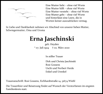 Anzeige von Erna Jaschinski von Kölner Stadt-Anzeiger / Kölnische Rundschau / Express