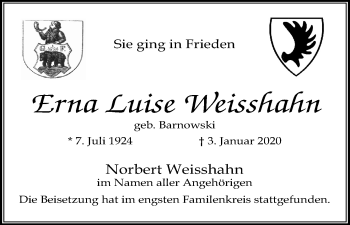Anzeige von Erna Luise Weisshahn von Kölner Stadt-Anzeiger / Kölnische Rundschau / Express