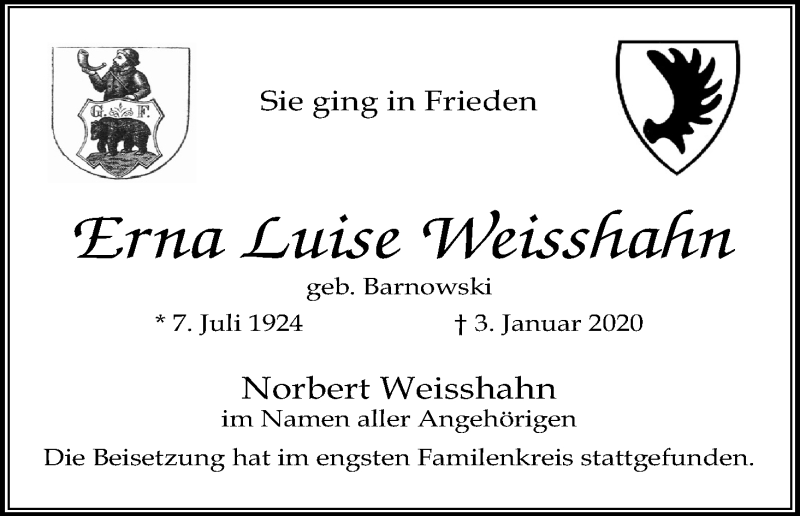  Traueranzeige für Erna Luise Weisshahn vom 07.03.2020 aus Kölner Stadt-Anzeiger / Kölnische Rundschau / Express