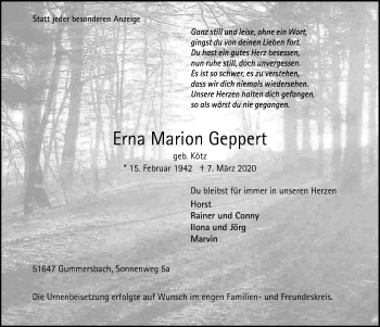 Anzeige von Erna Marion Geppert von  Anzeigen Echo 