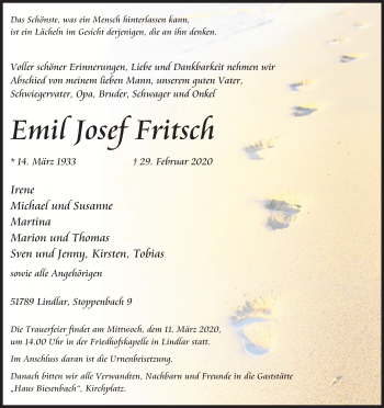 Anzeige von Emil Josef Fritsch von Kölner Stadt-Anzeiger / Kölnische Rundschau / Express