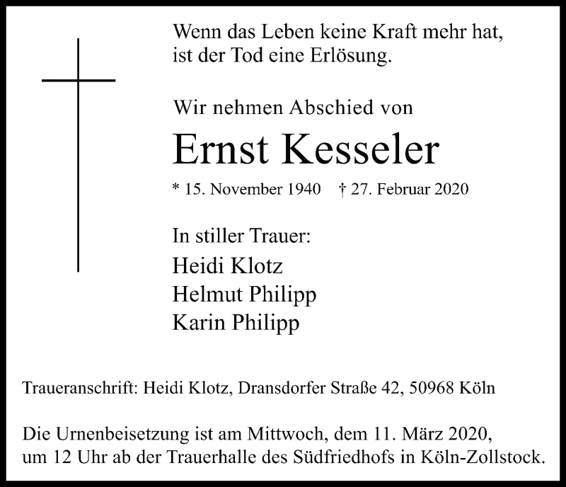  Traueranzeige für Ernst Kesseler vom 07.03.2020 aus Kölner Stadt-Anzeiger / Kölnische Rundschau / Express