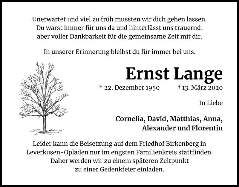  Traueranzeige für Ernst Lange vom 21.03.2020 aus Kölner Stadt-Anzeiger / Kölnische Rundschau / Express