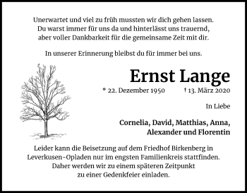 Anzeige von Ernst Lange von Kölner Stadt-Anzeiger / Kölnische Rundschau / Express