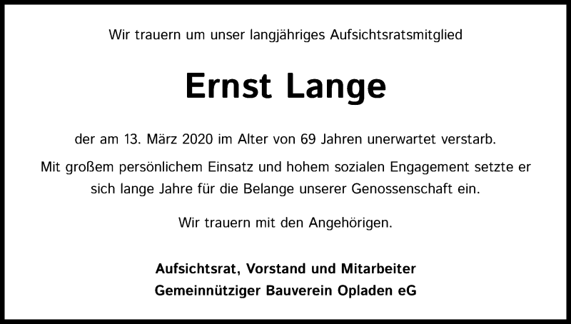  Traueranzeige für Ernst Lange vom 28.03.2020 aus Kölner Stadt-Anzeiger / Kölnische Rundschau / Express