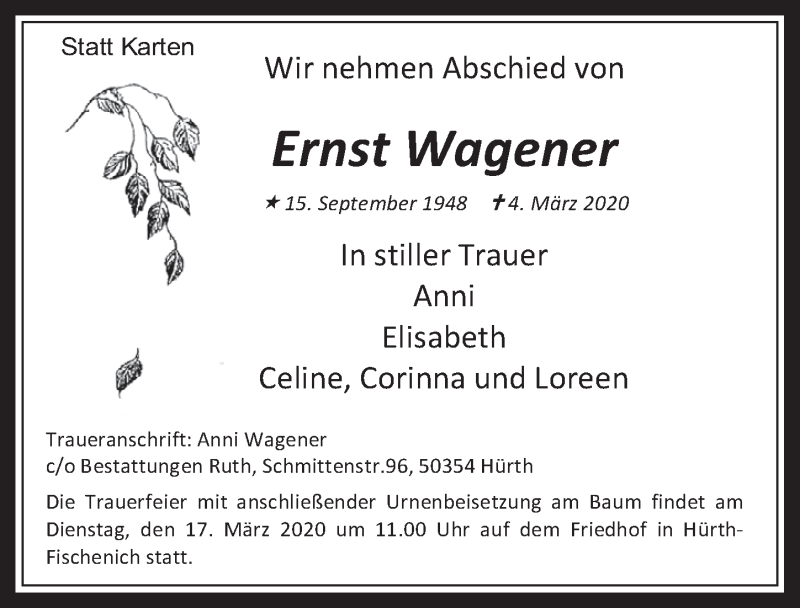  Traueranzeige für Ernst Wagener vom 11.03.2020 aus  Wochenende 