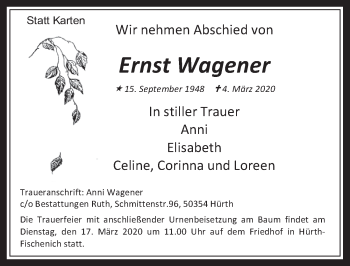 Anzeige von Ernst Wagener von  Wochenende 