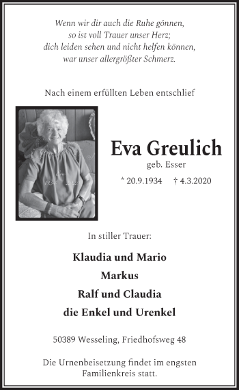 Anzeige von Eva Greulich von  Schlossbote/Werbekurier 