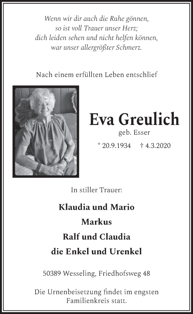  Traueranzeige für Eva Greulich vom 11.03.2020 aus  Schlossbote/Werbekurier 