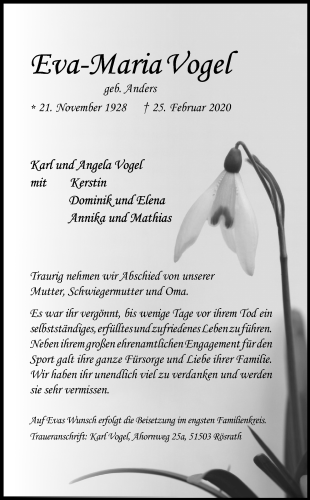  Traueranzeige für Eva-Maria Vogel vom 06.03.2020 aus Kölner Stadt-Anzeiger / Kölnische Rundschau / Express